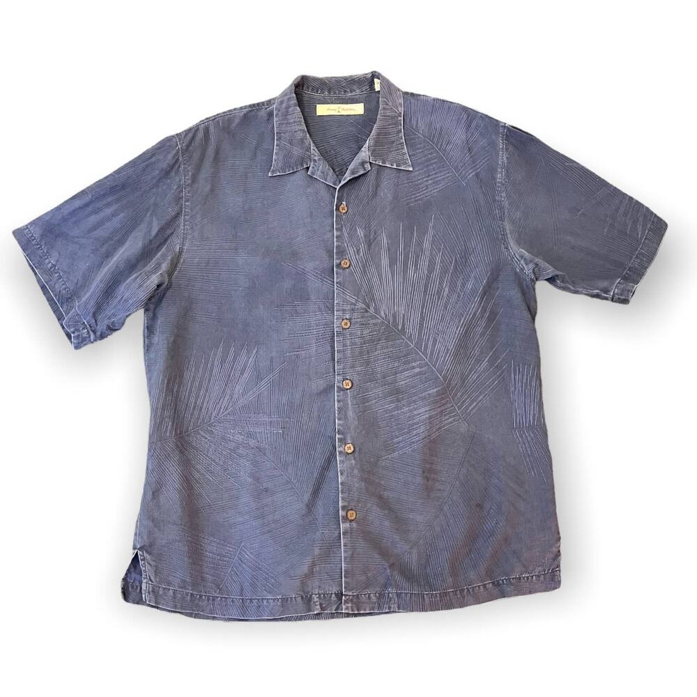 Tommy Bahama Size Large Navy Silk Button Down Shirt Palm Frond Embossed